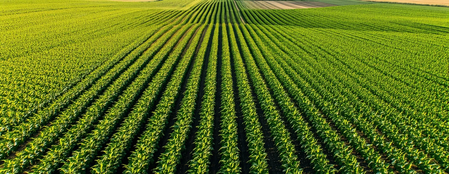 Aerial drone view of Central Valley row-crop fields at golden hour, rows of corn stretching to the horizon