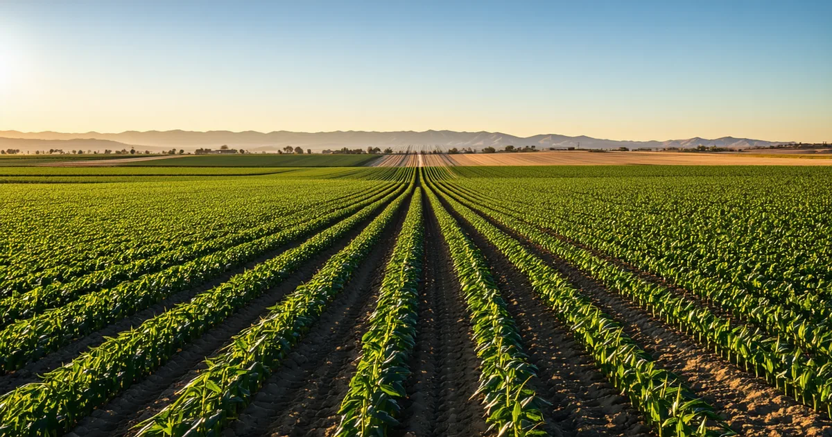Corn field with variable-rate nitrogen application equipment in background at dusk