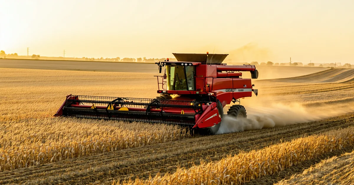 Modern combine harvester in corn field with digital data overlay concept