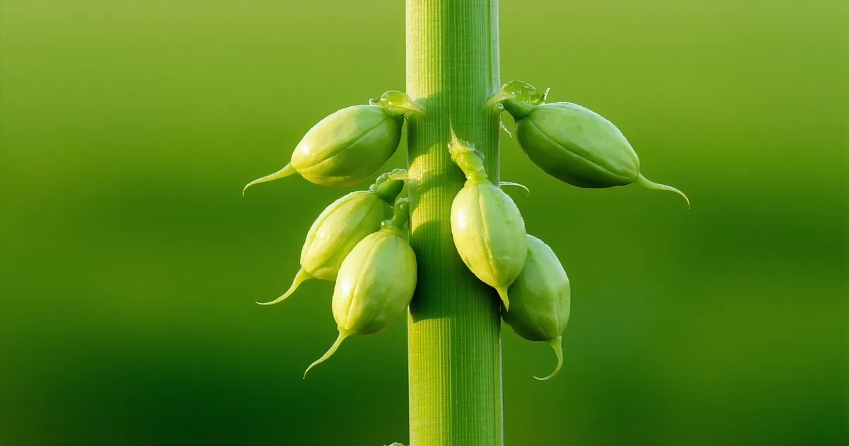 Close-up of soybean plant showing pods developing along main stem