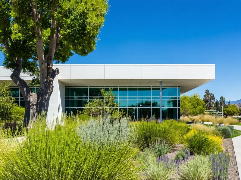 UC Davis campus area research park exterior, modern low-rise office building surrounded by California native plantings