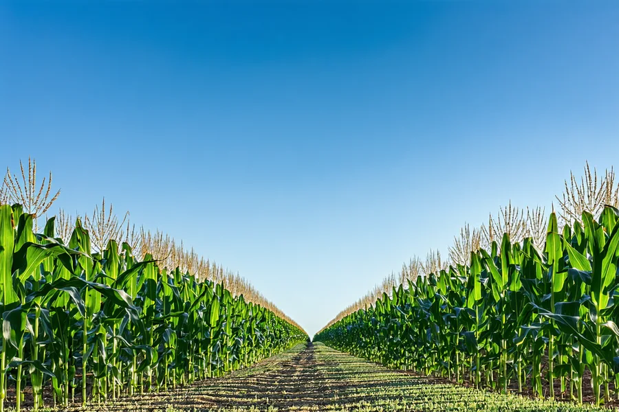 Close-up of mature corn field in California Central Valley, tall stalks with tassels visible against blue sky