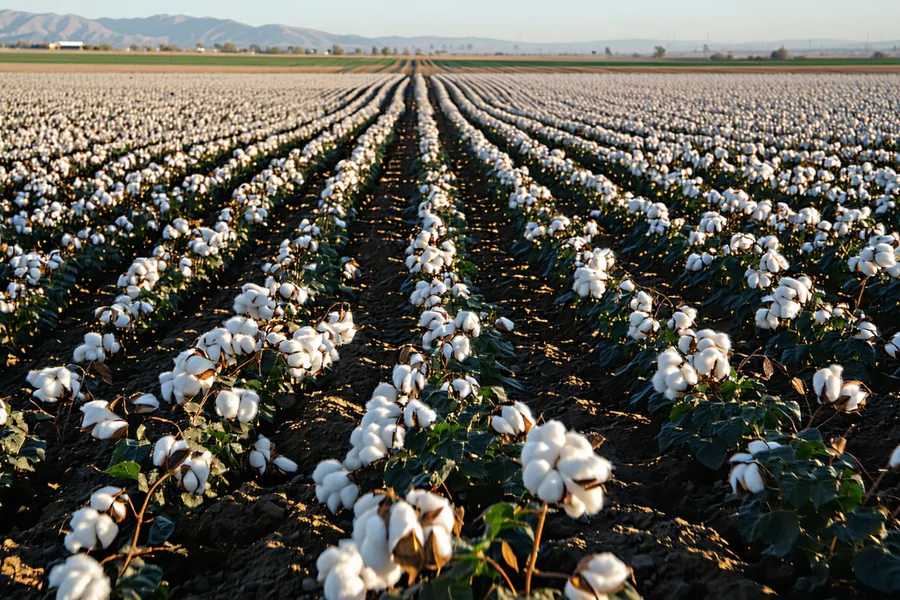 Cotton field in California San Joaquin Valley with white cotton bolls open and ready for harvest