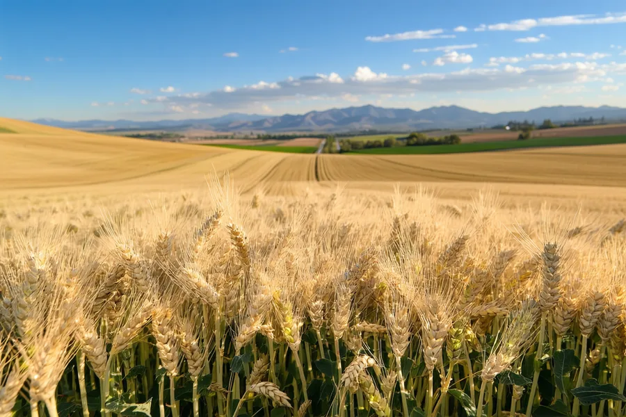 Winter wheat field in California at heading stage, golden wheat heads swaying in breeze with green foothills behind