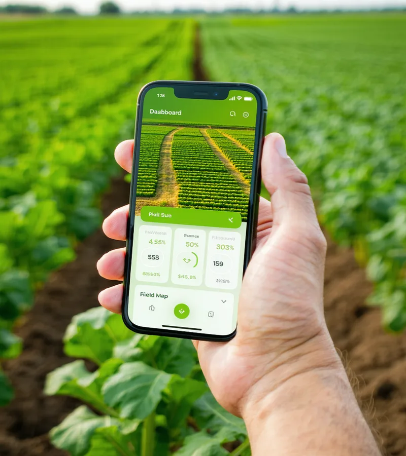 Acreweave mobile app showing yield forecast dashboard on iPhone screen held above a corn field