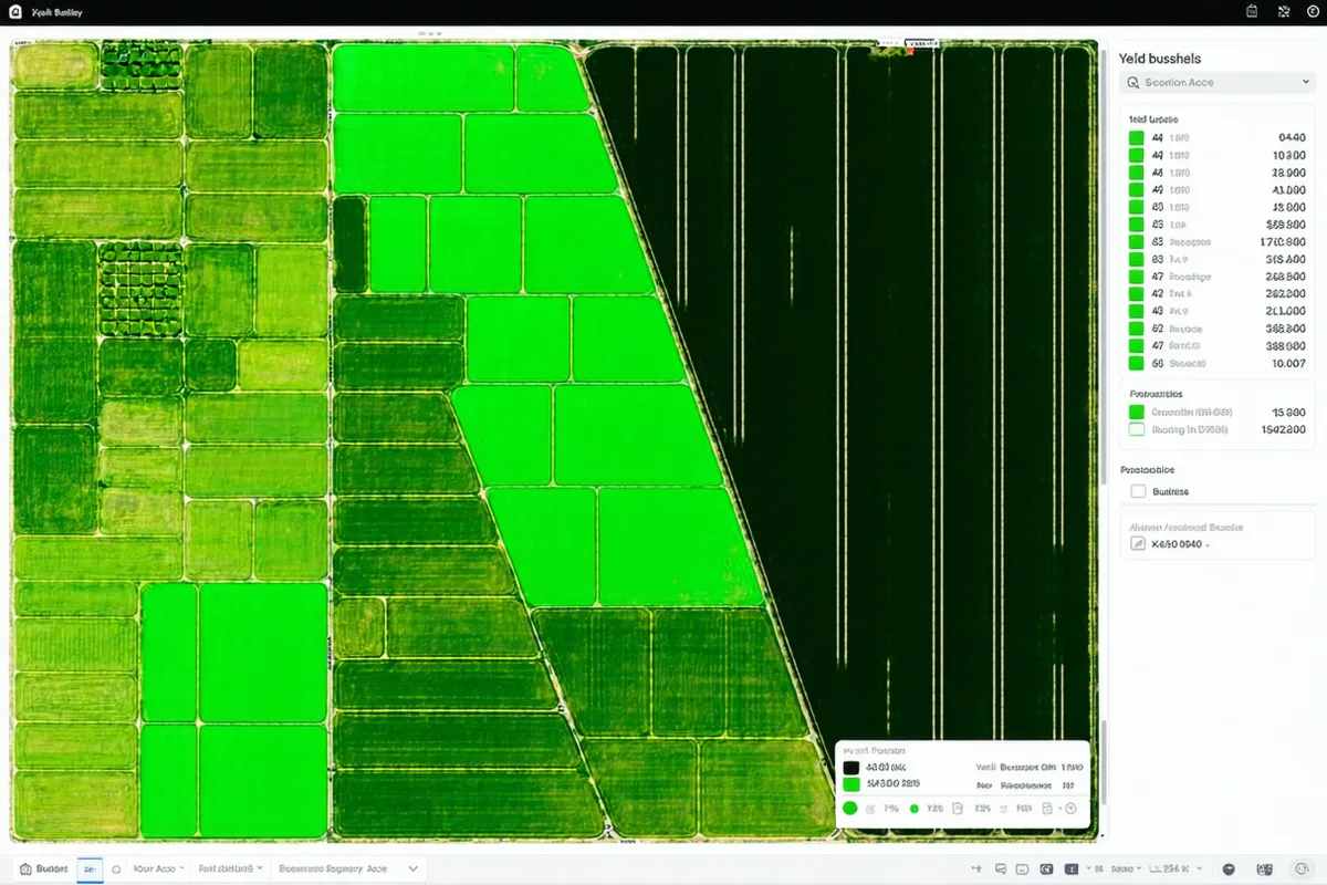 Acreweave platform screenshot showing color-coded yield forecast map with field polygons and per-field yield estimates