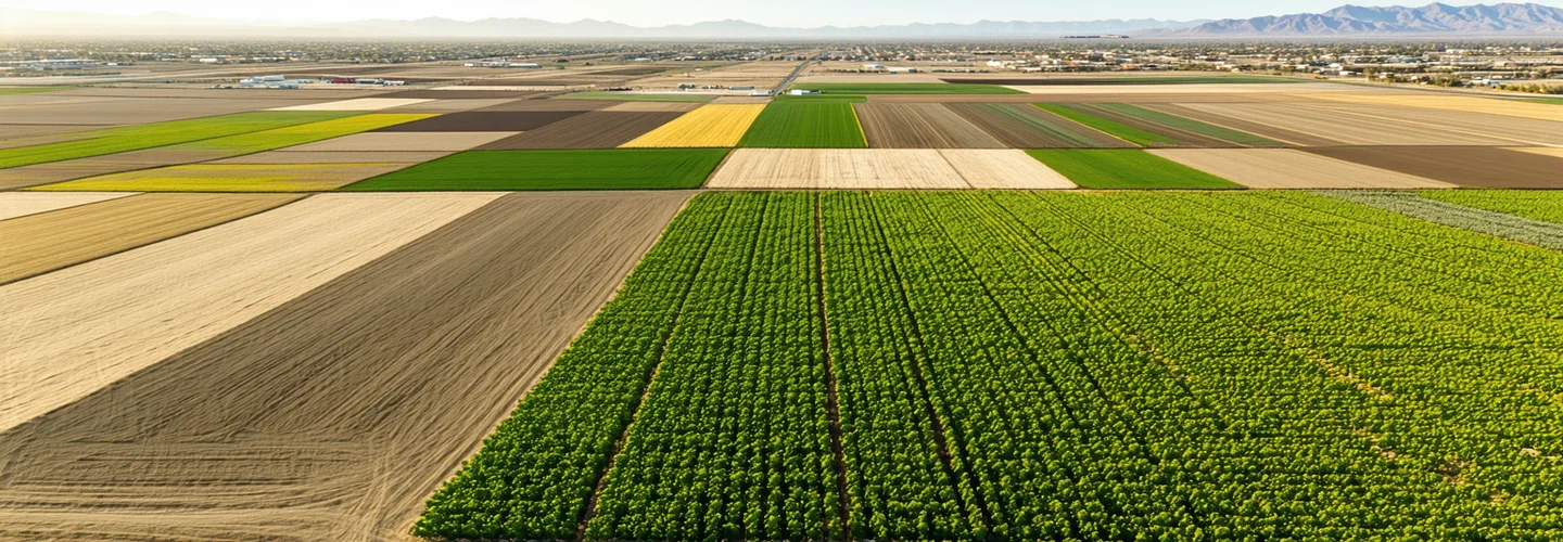 Overhead drone shot of mixed row-crop field grid from above, patchwork of different crop fields in California Central Valley